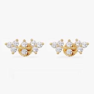 14k Gold Dainty Diamond Studs, Diamond Vine Ear Climbers, Curved Cluster Design, Unique Earrings, Prong Setting, Bridal Earrings, Everleigh