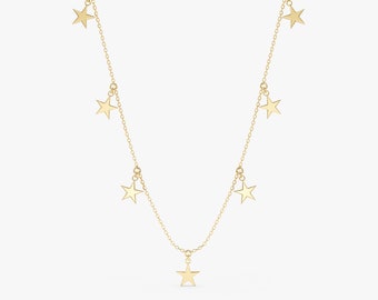 Solid Gold Multiple Star Necklace, 14k Gold Dangly Stars, Celestial Everyday Chain, White Yellow Rose Gold, Plain Multi Star Charm, Stella