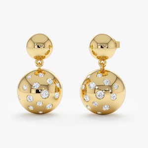 Diamond Studded Ball Drop Earrings, 14k or 18k Solid Gold Earrings, Natural Diamond Accent Ball Earrings, Disco Ball Design, Angie
