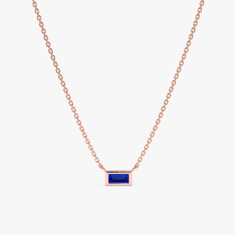 natural baguette blue sapphire pendant necklace in rose gold