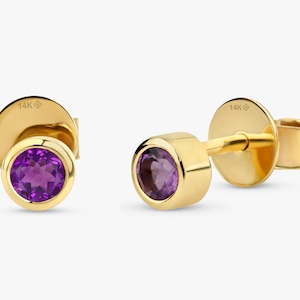 14k Amethyst Earrings, Solid Gold Gemstone Studs, Natural Birthstone, Dainty Stud Earrings, Birthday Gift, Bezel Set Gold Studs, Vienna