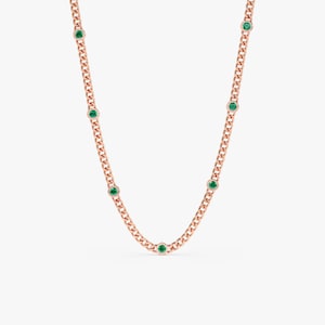 green emerald cuban chain station necklace in rose gold