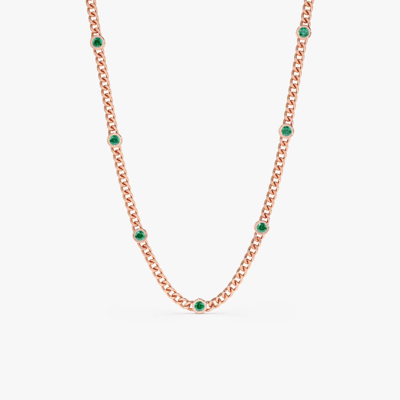 green emerald cuban chain station necklace in rose gold