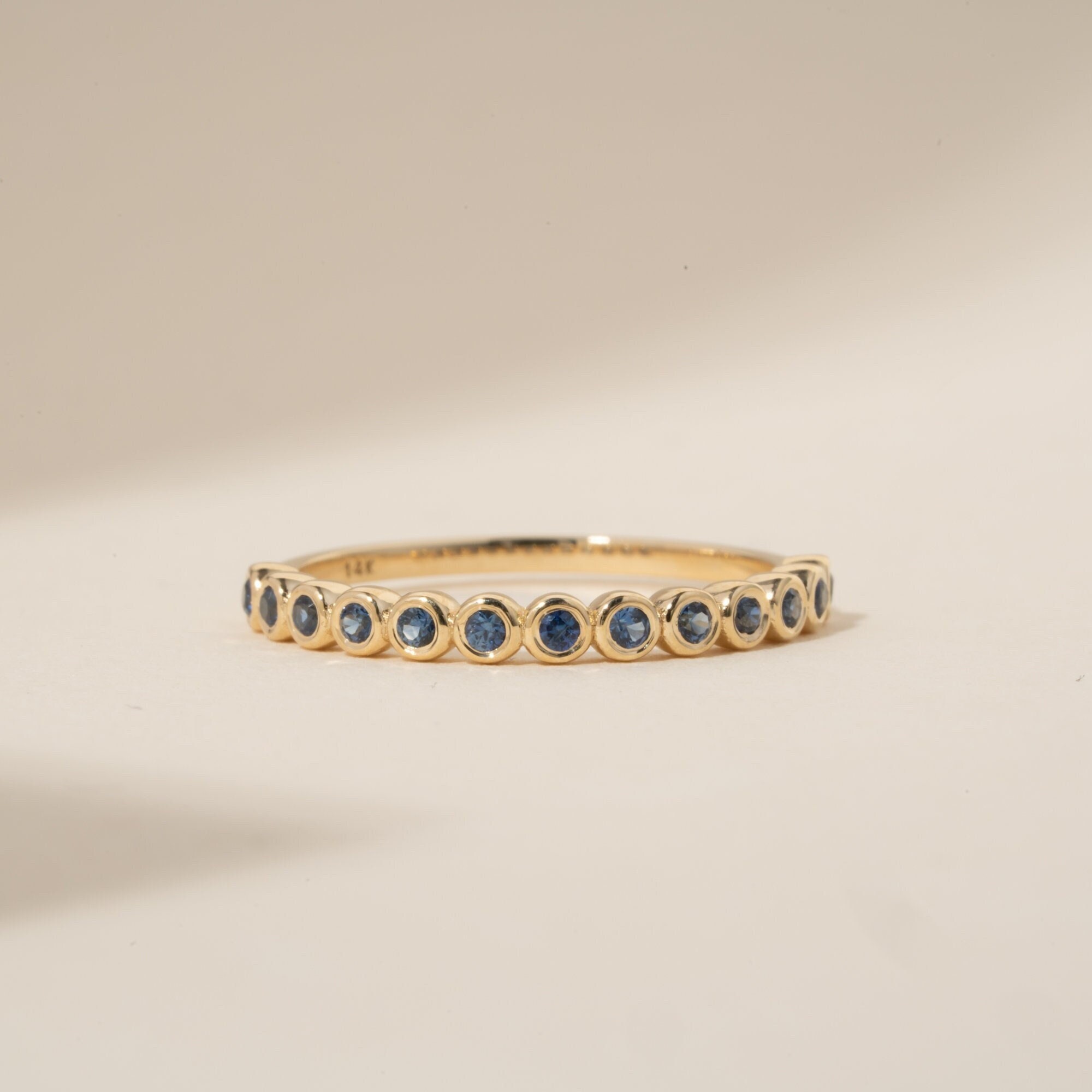 Blue Sapphire Ring, Solid Gold Natural Gemstone Ring, 14k or 18k Half Eternity Bezel Ring, Stackable Ring, September Birthstone Ring, Arleth