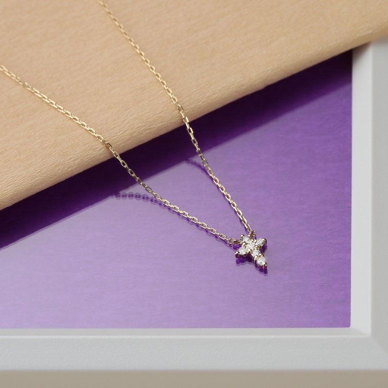 Tiny Diamond Cross Necklace Solid Gold Cross Charm Small - Etsy