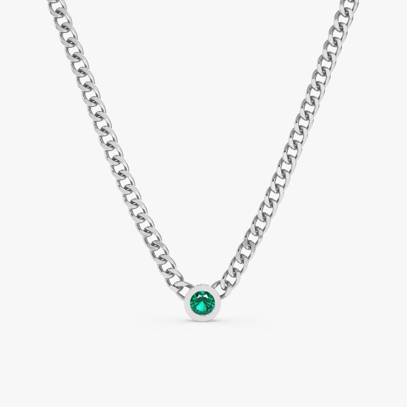 natural emerald bezel on white gold cuban chain