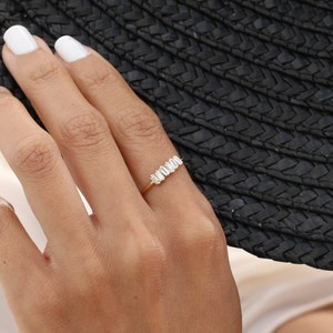 14k Gold Baguette Diamond Ring, Diamond Cluster Ring, Asymmetrical Diamond Setting, 14K Rose, White, Yellow, Minimalist Wedding Ring, Helena image 3