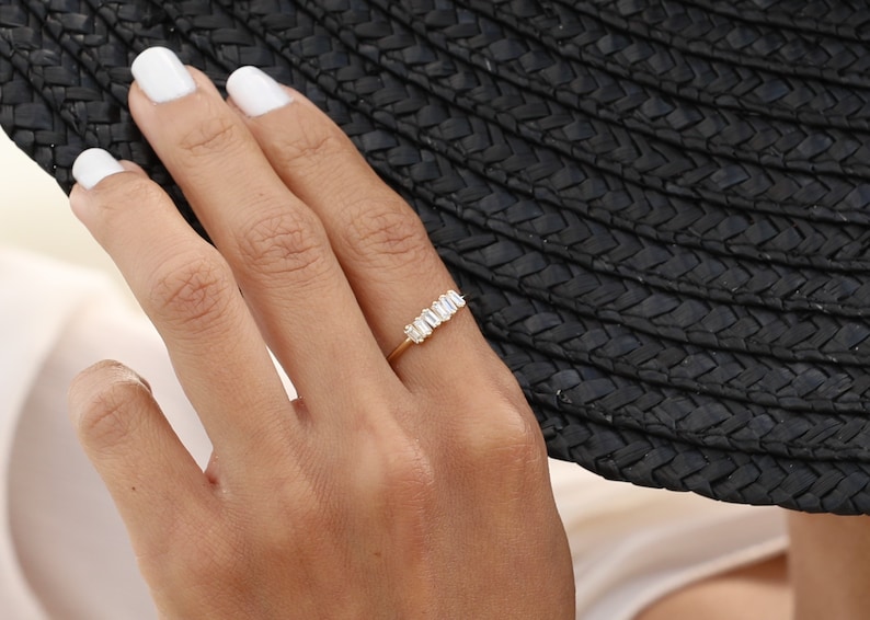 14k Gold Baguette Diamond Ring, Diamond Cluster Ring, Asymmetrical Diamond Setting, 14K Rose, White, Yellow, Minimalist Wedding Ring, Helena image 3