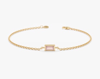 14k Gold Rose Quartz Bracelet, Solid Gold Bracelet, Rose, Yellow, White Gold, Baguette Stone with Bezel Setting, Dainty Bracelet, Teresa