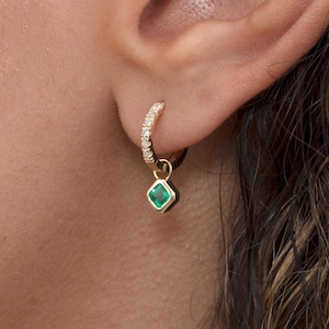 14K Emerald Earring Charm, Asscher Cut Gem, Dangly Charm For Hoop, May Birthstone Jewelry, Genuine Handmade Cute Charm, Bezel Set, Lujza