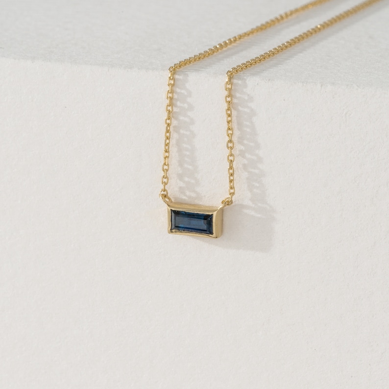 14k Solid Gold Sapphire Necklace, Baguette Necklace, Small Sapphire Necklace, Blue Sapphire, 14k Rose, White, Yellow Gold, Teresa image 1