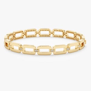 Thick Oval Link Chain Bangle, 14k or 18k Solid Gold Link Bracelet, Unique Solid Gold Bangle, Diamond Bar Accents, Timeless Design, Siena