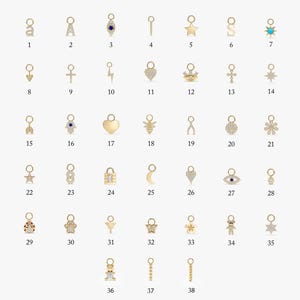 14k Gold Earring Charms, Huggies Charms, Solid Gold, Natural Stones, Initial, Evil Eye, Cross, Star, Bolt, Flower, Bar, SOLD AS SINGLE, Elsa image 2