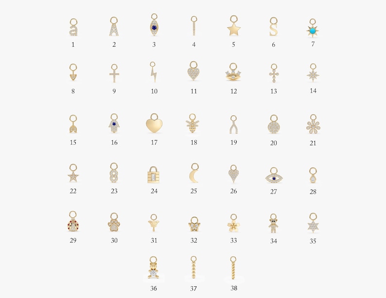 14k Gold Earring Charms, Huggies Charms, Solid Gold, Natural Stones, Initial, Evil Eye, Cross, Star, Bolt, Flower, Bar, SOLD AS SINGLE, Elsa image 2