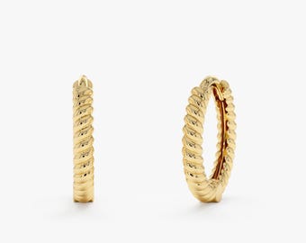 14k Solid Gold Twisted Huggie Hoop Earrings, Handmade, Aileen