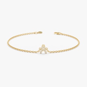 14K Gold Initial Bracelet, Diamond Initial Bracelet, Diamond Charm, Solid Gold, Initial Jewelry, Letter Bracelet, Personalized Gift, Shonda