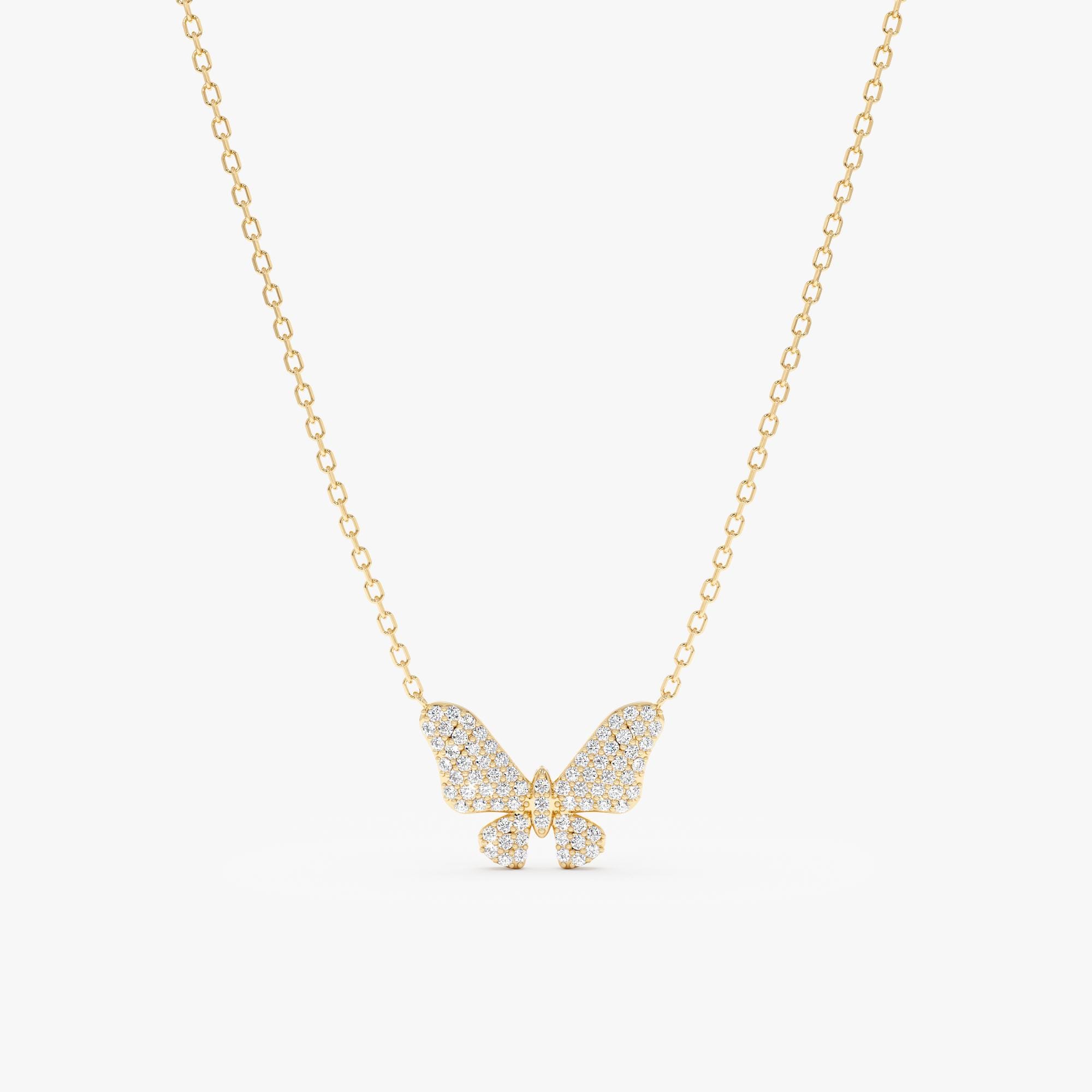 14k Diamond Butterfly Necklace, Solid Gold Necklace, Pave Diamond Butterfly Pendant, Dainty Pendant Necklace, Gift for Her, Kimora