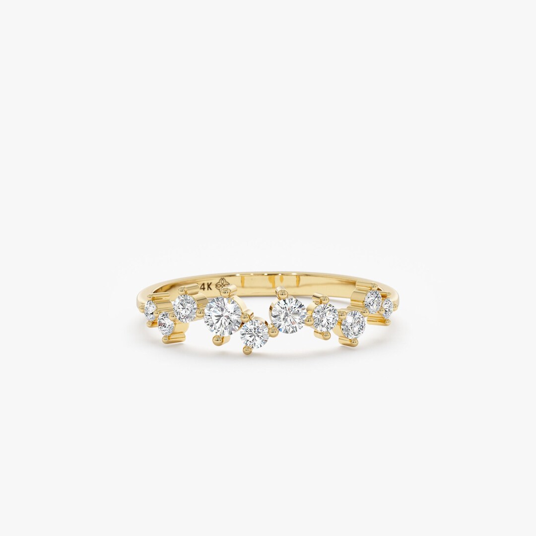 14k Gold Diamond Ring, Cluster Setting, Bridal Gift, Asymmetrical Set ...
