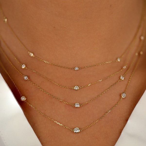 14k Diamond Layering Necklace, Diamond by the Yard Necklace, Diamond Bezel, Diamond Choker, Dainty Diamond Necklace, Short Necklace, Tanya