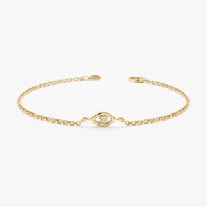 Small Diamond Lucky Eye Bracelet, 14k Solid Gold, Diamond Evil Eye, Dainty Gold Bracelet, 14k White, Rose, Yellow, Mini Evil Eye, Elena