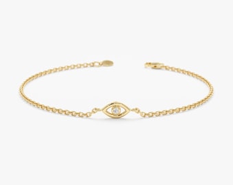 Small Diamond Lucky Eye Bracelet, 14k Solid Gold, Diamond Evil Eye, Dainty Gold Bracelet, 14k White, Rose, Yellow, Mini Evil Eye, Elena