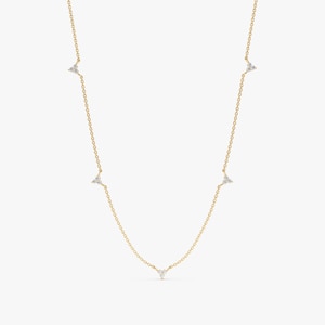 Diamond Station Necklace, Solid Gold Natural Diamond Choker, Cluster Layering Necklace, Dainty 14k or 18k Gold, Prong Set, Handmade, Paris
