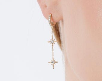 Solid Gold Lab Diamond Celestial Huggie Earrings Starburst Chain Dangle Hoops, Licia