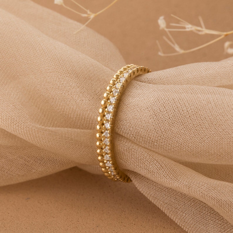 14 Diamond Eternity Ring, Beaded design, Double Stacked, Eternity Diamond Band, Dainty Wedding Band, 14k Yellow, Rose, White Gold, Cassie image 5