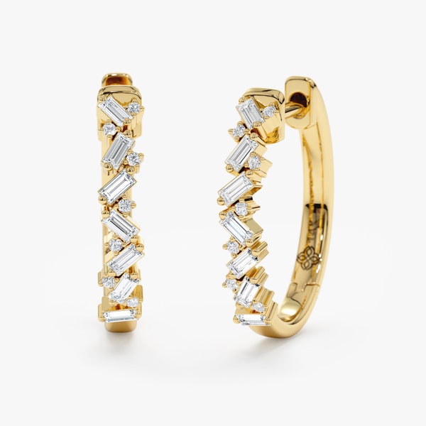 14k Gold Diamond Huggies, Baguette Cluster Huggies, Large Diamond Hoop Earrings, Solid Gold Hoops, Diamond Hoop, Bridal Earrings, Bridgette