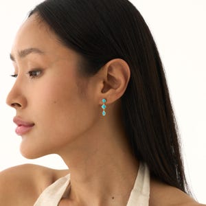 May include: Gold-toned drop earrings featuring three turquoise-colored stones. The top stone is round, followed by a teardrop-shaped stone, and a smaller round stone at the top. The earrings are displayed on a person's ear.