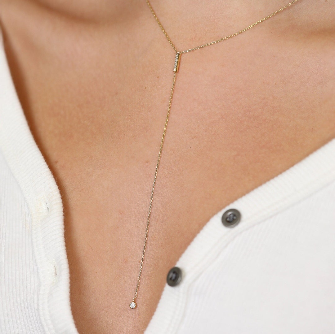 14k Diamond Lariat Necklace Solid Gold Y Necklace Dainty Etsy