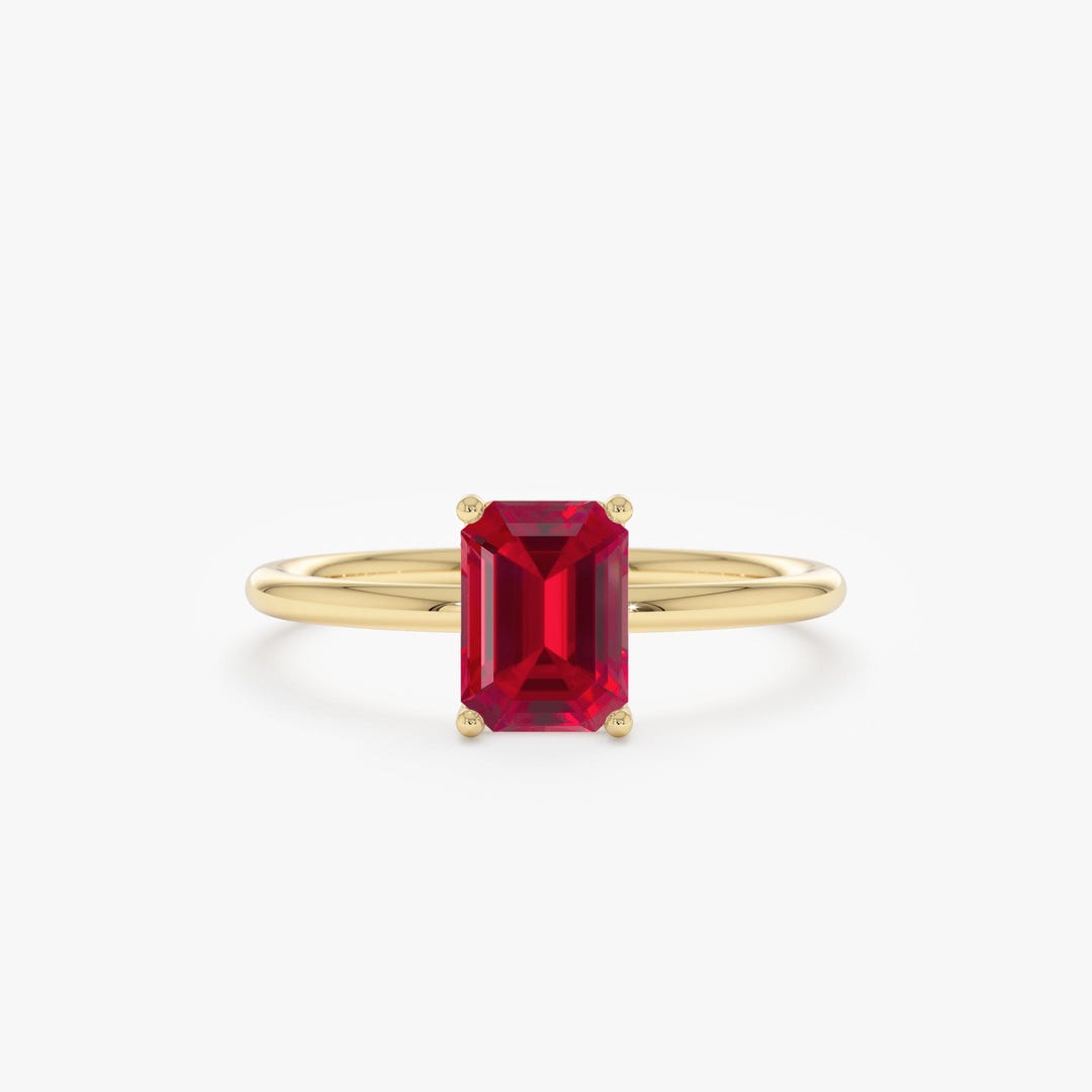 Octagon Cut Ruby Solitaire Ring, Dainty Solid Gold Ruby Ring, July ...