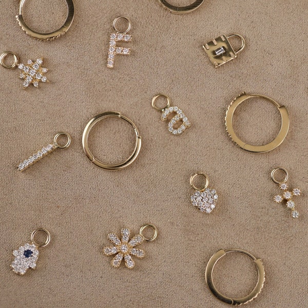 14k Gold Earring Charms, Huggies Charms, Solid Gold, Natural Stones, Initial, Evil Eye, Cross, Star, Bolt, Flower, Bar, SOLD AS SINGLE, Elsa