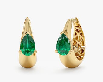 Solid Gold Emerald Huggies, Pear Shape Emerald Earrings, May Birthstone Jewelry, Zion