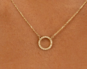14k Solid Gold Diamond Disc Necklace, Diamond Halo Necklace,  Dainty Solid Gold Necklace, Circle Of Life Necklace, Gift for Mom, Lola