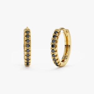 14k Black Diamond Huggies, Solid Gold Mini Hoops, Small Diamond Gold Huggie Earrings, Sold as A Pair, Small Hoop Earrings, Amaree