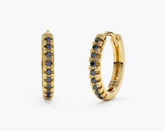 14k Black Diamond Huggies, Solid Gold Mini Hoops, Small Diamond Gold Huggie Earrings, Sold as A Pair, Small Hoop Earrings, Amaree