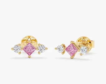 Handmade Solid Gold Pink Sapphire and Diamond Stud Earrings, Atreides
