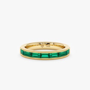 Lab Grown Baguette Emerald Ring, Genuine Gold Stackable Ring, Channel set Emerald Ring, Minimalist May Birthstone Ring, 10k, 14k, 18k,Amoret