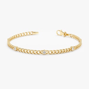 Diamond Cuban Chain Bracelet, 14k Diamond Bracelet, Solid Gold Curb Cain with Bezel Natural Diamonds, Beautiful for Wrist Stacking, Salma