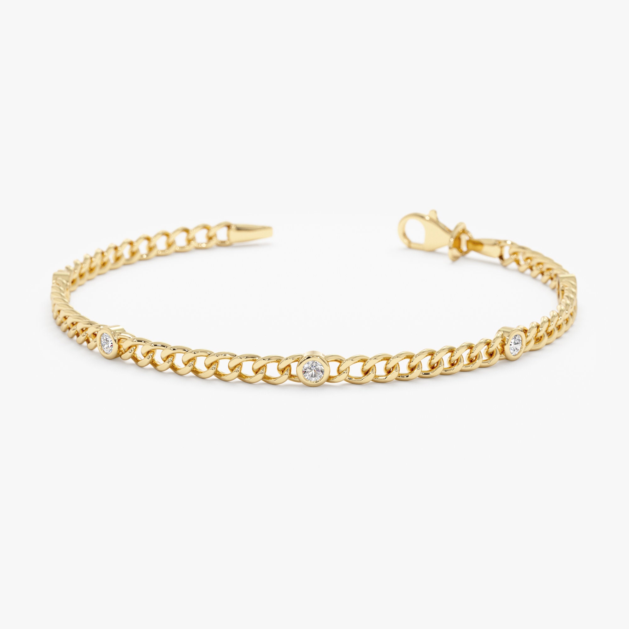 Diamond Cuban Chain Bracelet, 14k Diamond Bracelet, Solid Gold Curb Cain with Bezel Natural Diamonds, Beautiful for Wrist Stacking, Salma