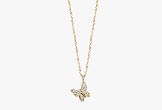 14k Diamond Butterfly Necklace Small Butterfly Charm Dainty | Etsy