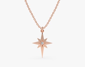 Small Diamond Starburst Necklace, North Star Pendant, Star Charm