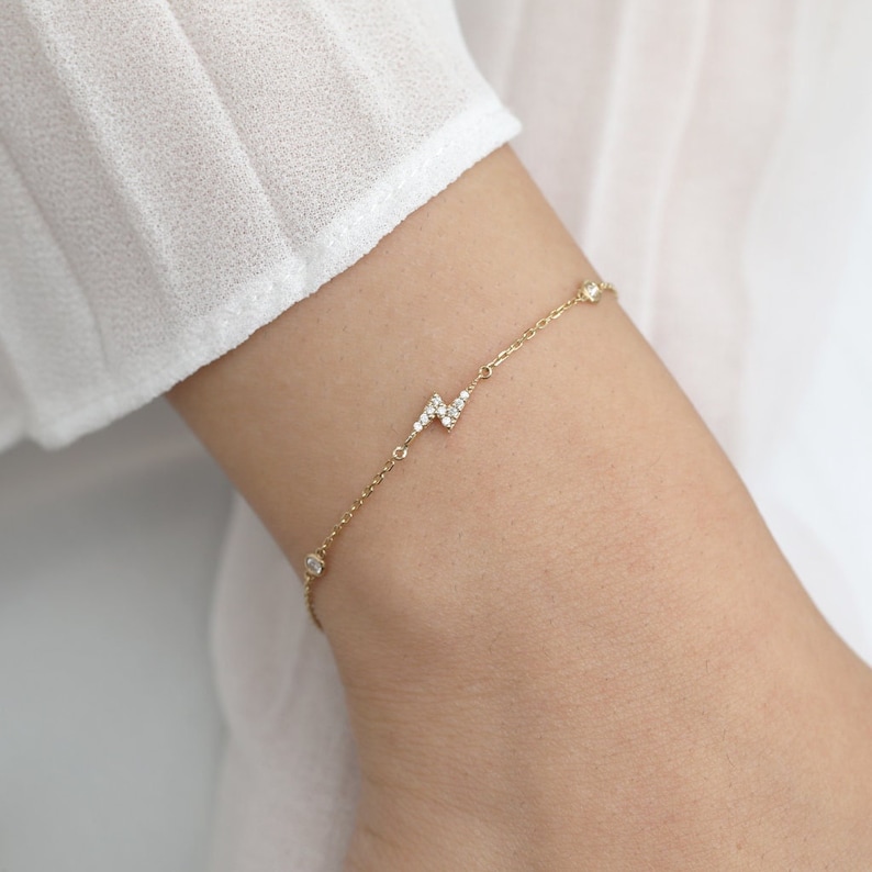 Solid Gold Lightning Bolt Bracelet, 14k Diamond Charm Bracelet, Bezel Diamond Setting, Dainty Bracelet, Bridesmaid Gift, Stacking Bracelet image 1