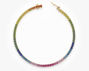 Rainbow Sapphire Tennis Bracelet, Solid Gold Rainbow Sapphire Bracelet, 14k or 18k Colorful Eternity Design, Prong Set Multi Color, Inga
