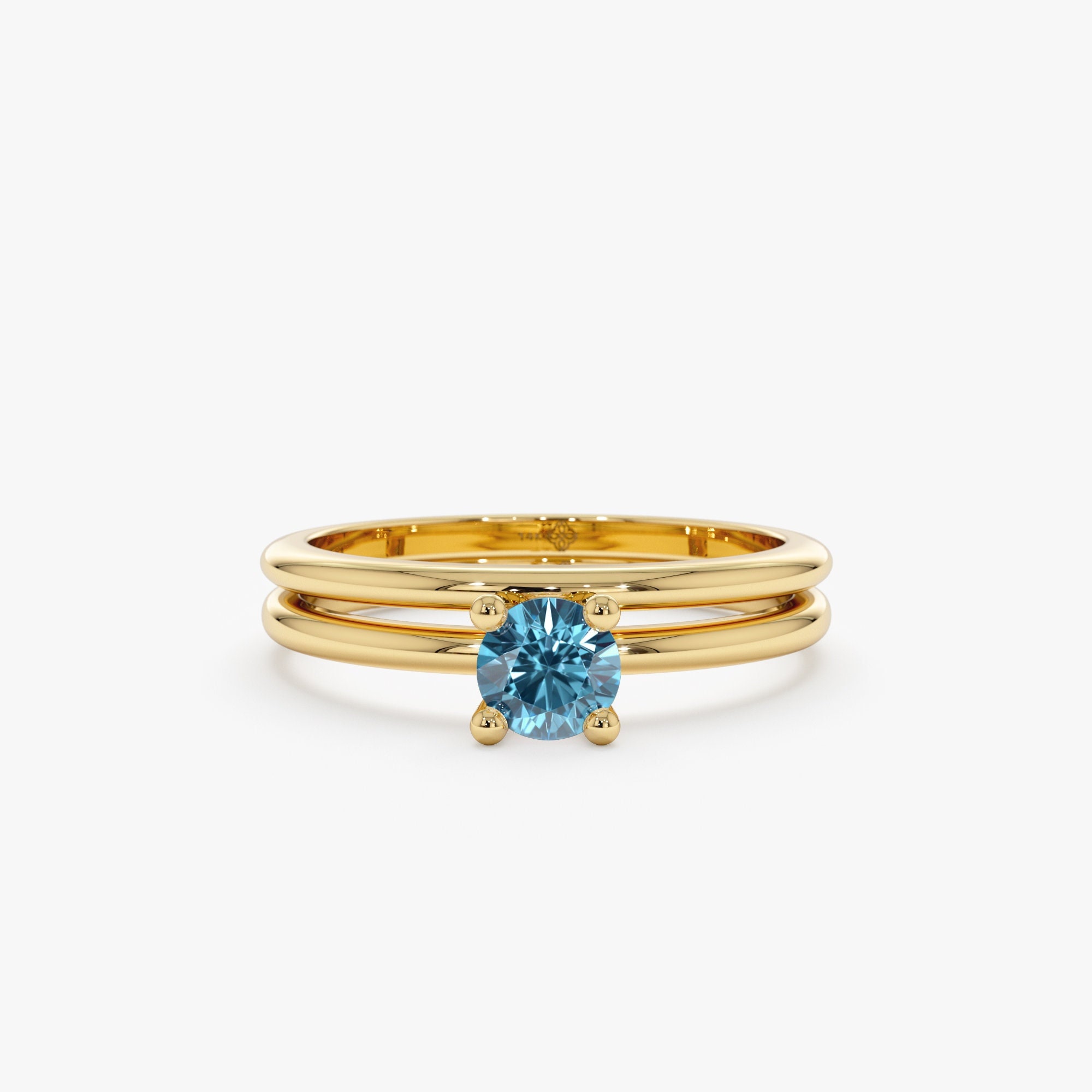 14k Gold Blue Diamond Ring, Solitaire Diamond, Gold Wedding Band, Engagement Ring Set, Wedding Ring, Minimalist and Elegant Design, Jordyn