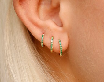 14k Emerald Huggies, Gold Huggies, Solid Gold Mini Hoops, Small Emerald Gold Huggie Earrings, Sold as A Pair, Small Hoop Earrings, Esmeralda