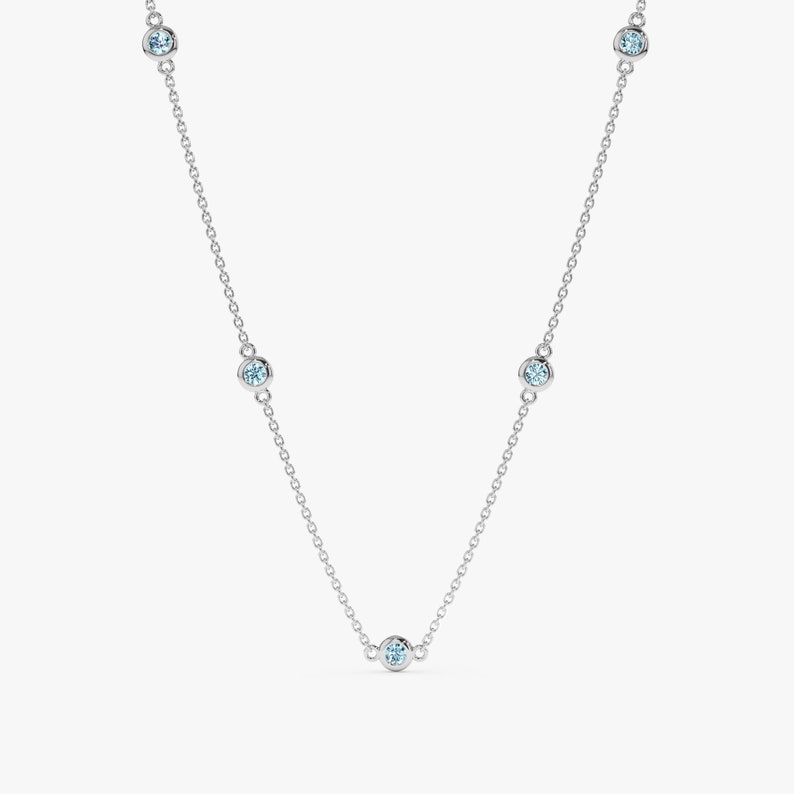 natural aquamarine bezel station necklace in white gold