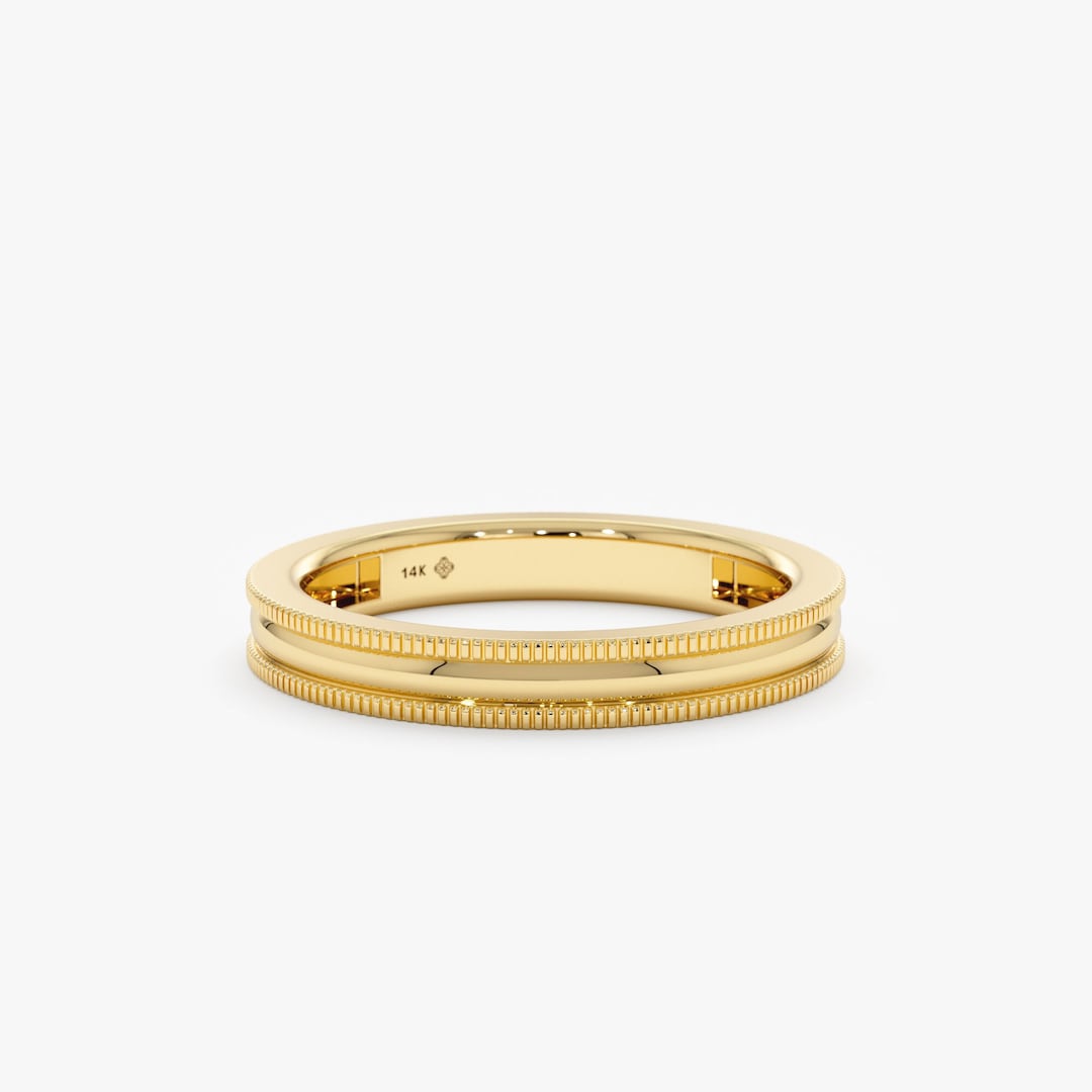 14k Gold Wedding Band, Plain Stacking Band, Miligrain Textured Ring