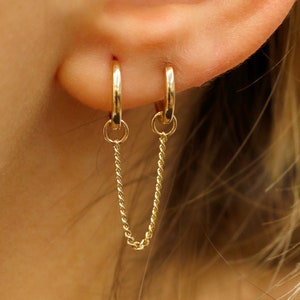 14K Cuban Chain Charm, Dangly Chain Charm, Double Earhole Earring, Curb Chain Jewelry, Plain Solid Gold Earring Charm, Earring Stacking, Fia